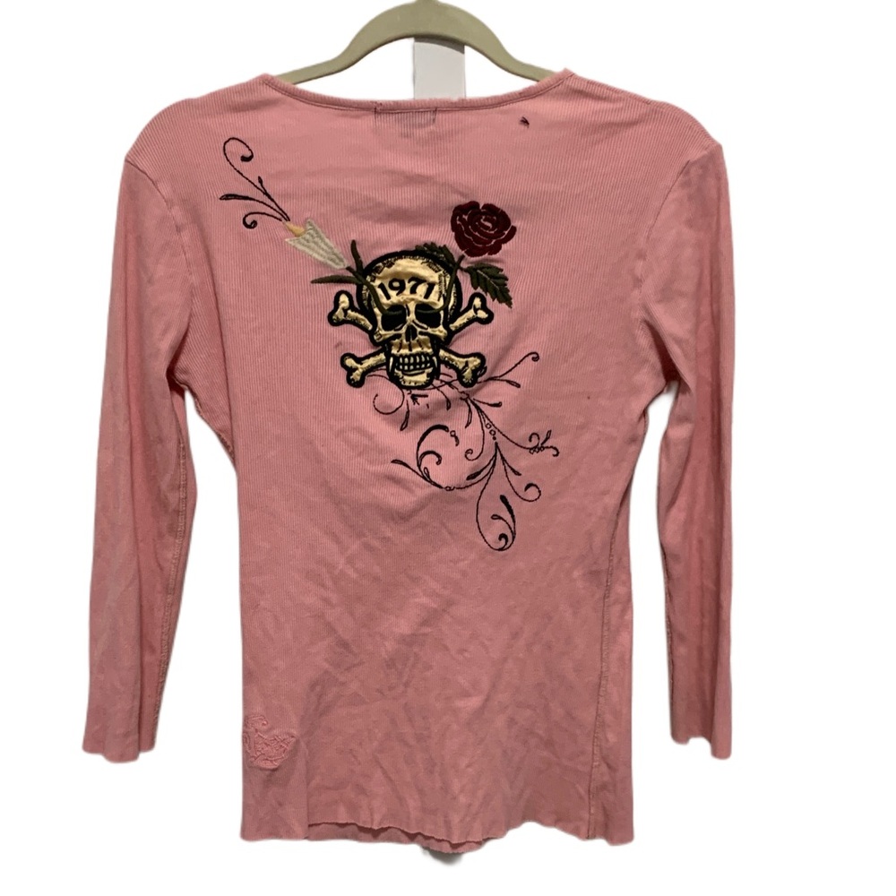 Edward Dada Pink Ribbed Skull Embroidery Long Sleeve Shirt